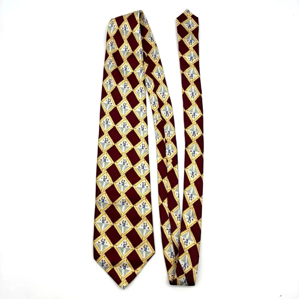 Vintage 90s Lands End Handmade in USA 100% Silk Yellow Red Man Golfing Tie 59